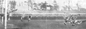 Ted Smith scores against Reading with a diving header in 1913 Ted Smith scores against Reading with a diving header in 1913